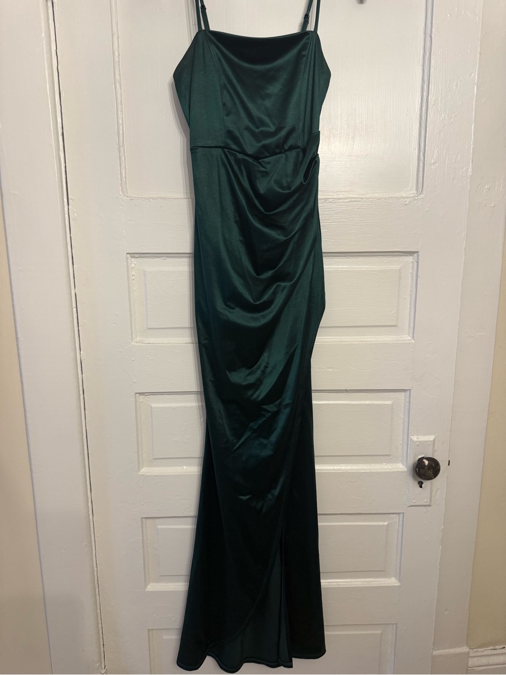 Emerald Sundae Dark Green Satin Dress with Slit Formal